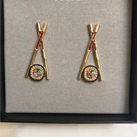 BaubleBar Gold Tone Chopsticks & Sushi Roll Drop Earrings Crystal Accents NIB - Picture 5 of 10